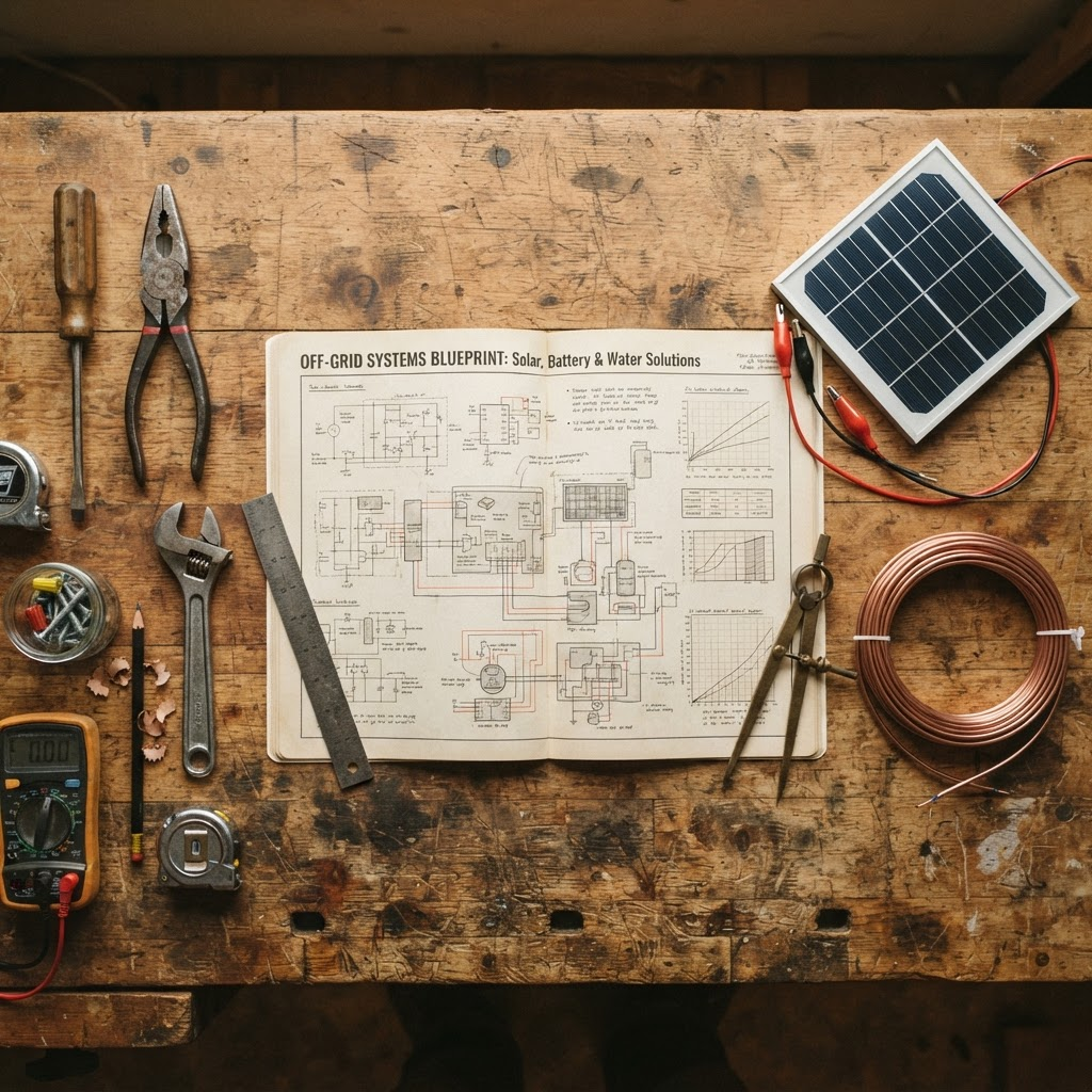 Off-grid systems blueprint guide with tools and a small solar panel